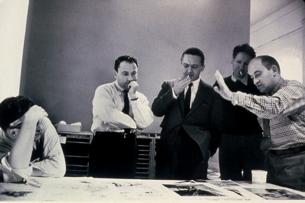 Paul Rand, Lou Dorfsman, and jurors at work judging AIGA design show.