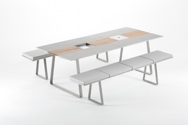 Extrados large expandable table in brushed stainless steel and teak