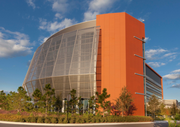 The 15,000 pounds of metal mesh that surround the University of Florida Research and Academics Center play a significant role in reducing the energy use of the LEED Platinum-certified facility.